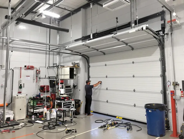 Cleveland Heights Garage Door Repair certified technician performing commercial door repair at a Cleveland Heights business facility