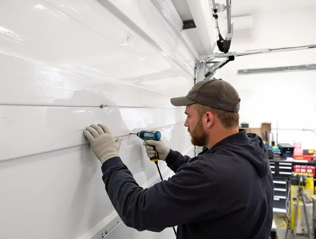 Cleveland Heights Garage Door Repair technician demonstrating precision dent removal techniques on a Cleveland Heights garage door