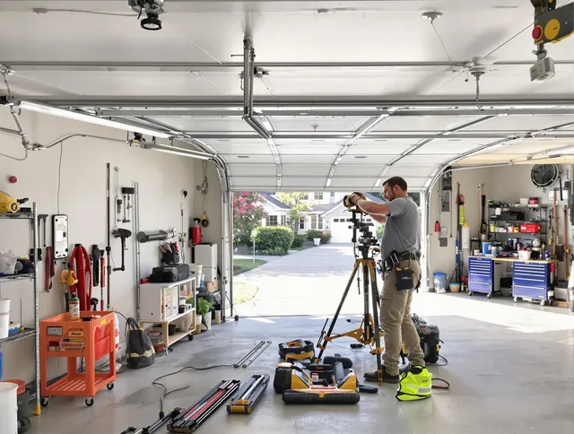 Cleveland Heights Garage Door Repair specialist performing laser-guided track alignment in Cleveland Heights